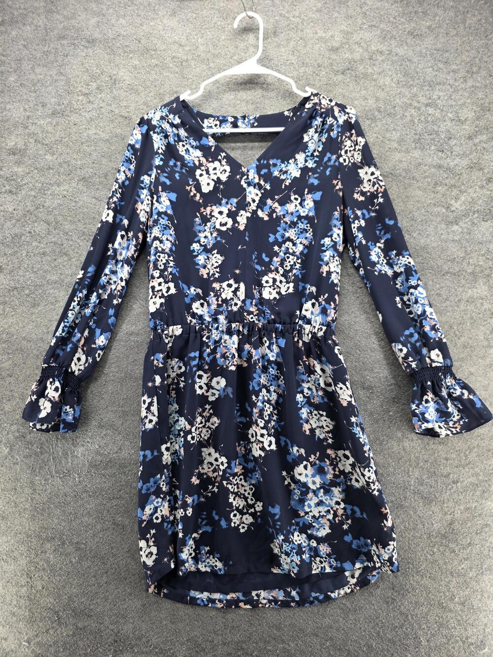 LILA ROSE Dress Womens 2 Blue Short Fit & Flare Long Sleeve V-Neck Smocked